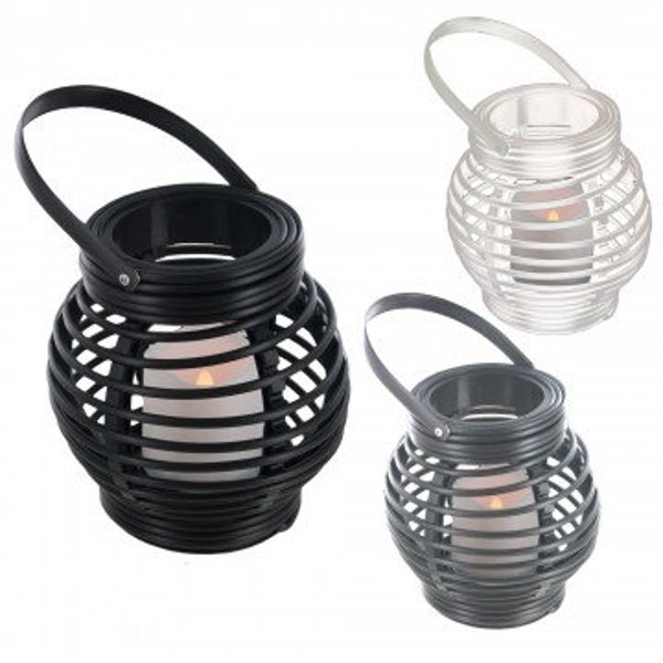 Black Battery-Operated Flame Effect Lantern with Handle & Decorative Beehive Style Lantern with LED Candle  Black, White and Grey.