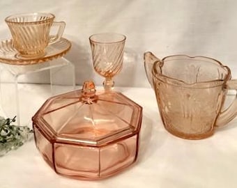 Vintage Pink Depression Glass Collection-Open Sugar Cherry Blossom Pink/Jeannette-Diana Pink Demitasse Cup/Saucer-Octagon Candy Dish-Replace