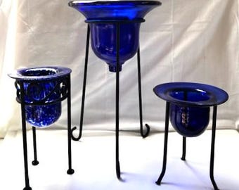 Vintage Black Tall Metal Stand with Cobalt Blue Glass Bowl-Black Metal Stand with Cobalt Blue Glass Candle Holder/ Potpourri Bowl-Home Decor