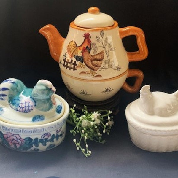 Vintage Tea For One Ceramic Teapot Set & Ceramic Hen and Rooster on the Nest Candy Dish/Tinker Collection -Farmhouse Decor-Collection