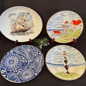 Vintage Variety Royal Norfolk Porcelain Plates Collection-Lighthouse 2 Styles-Clipper Ship-White/ Cobalt Blue Paisley Print-Nautical Décor