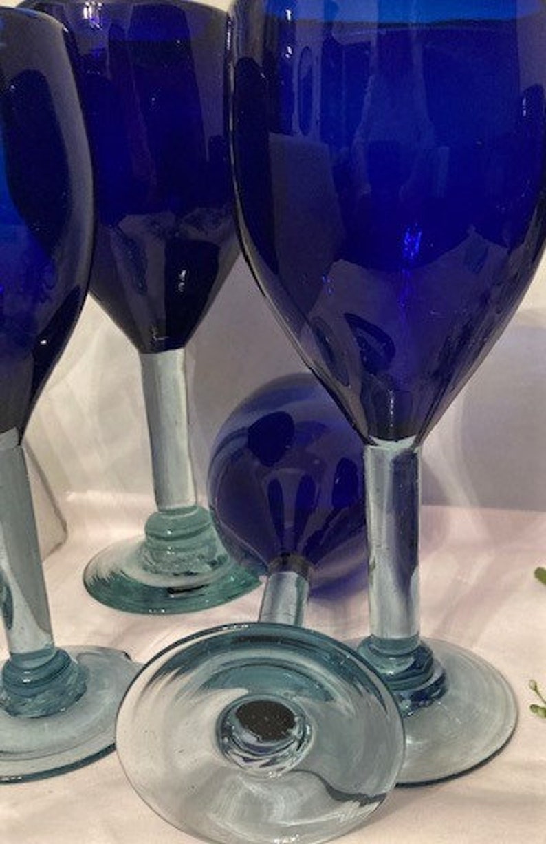 Vintage Hecho En Mexico Hand Blown Wine Glasses Cobalt Blue Etsy