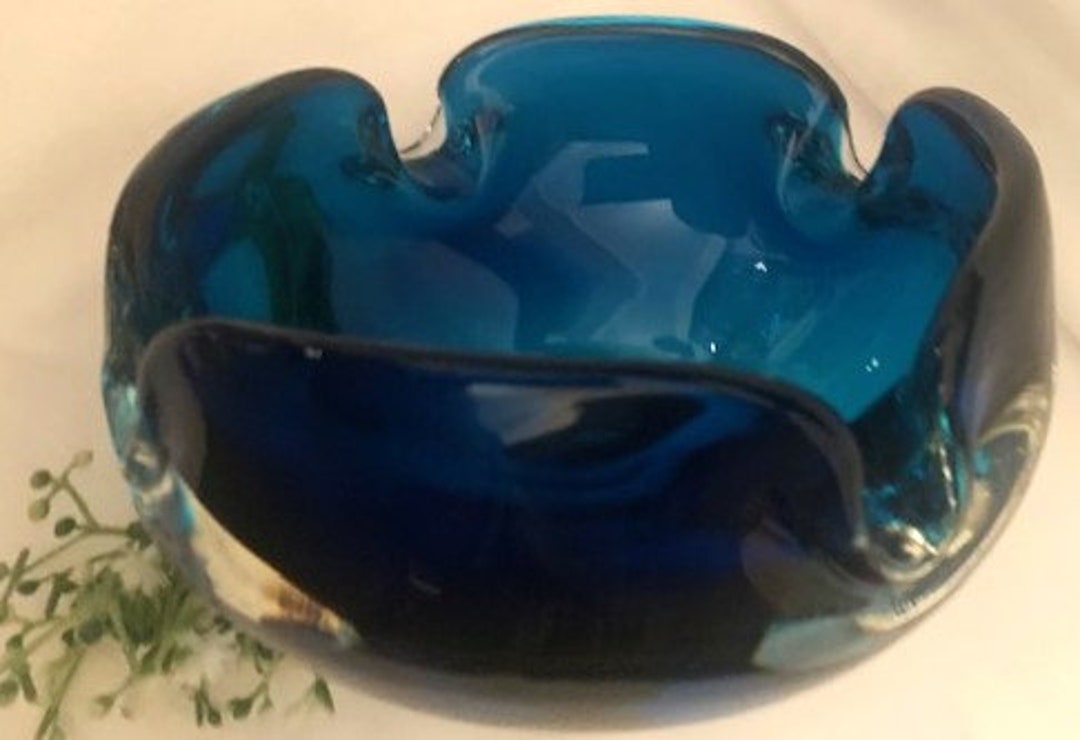Vintage Murano Handblown Glass Ashtray Blue Cased Glass Mid Century