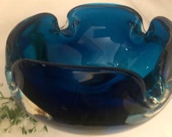 Vintage Murano Hand-Blown Glass Ashtray Blue Cased Glass Mid Century Glass Bowl-Made in Italy