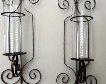 Vintage Modern Pair of Tall Large Wall Candle Sconce Bronze and Black Iron Candle Holder with Clear Glass Cylinder -Wall Mounted-Home Décor