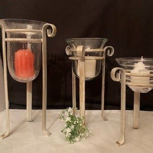 Vintage Set of Three Candle/Votive Candle Holders Double Tiered Metal Gold with Brushed White with Glass Holder-Home Decor