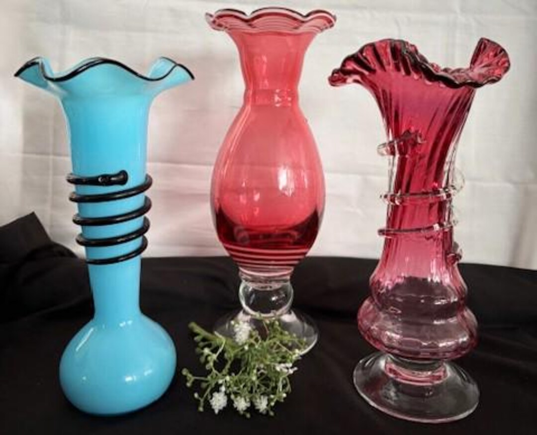 Vintage Fenton Cranberry Glass Footed Vase Swirl Ribbed Design