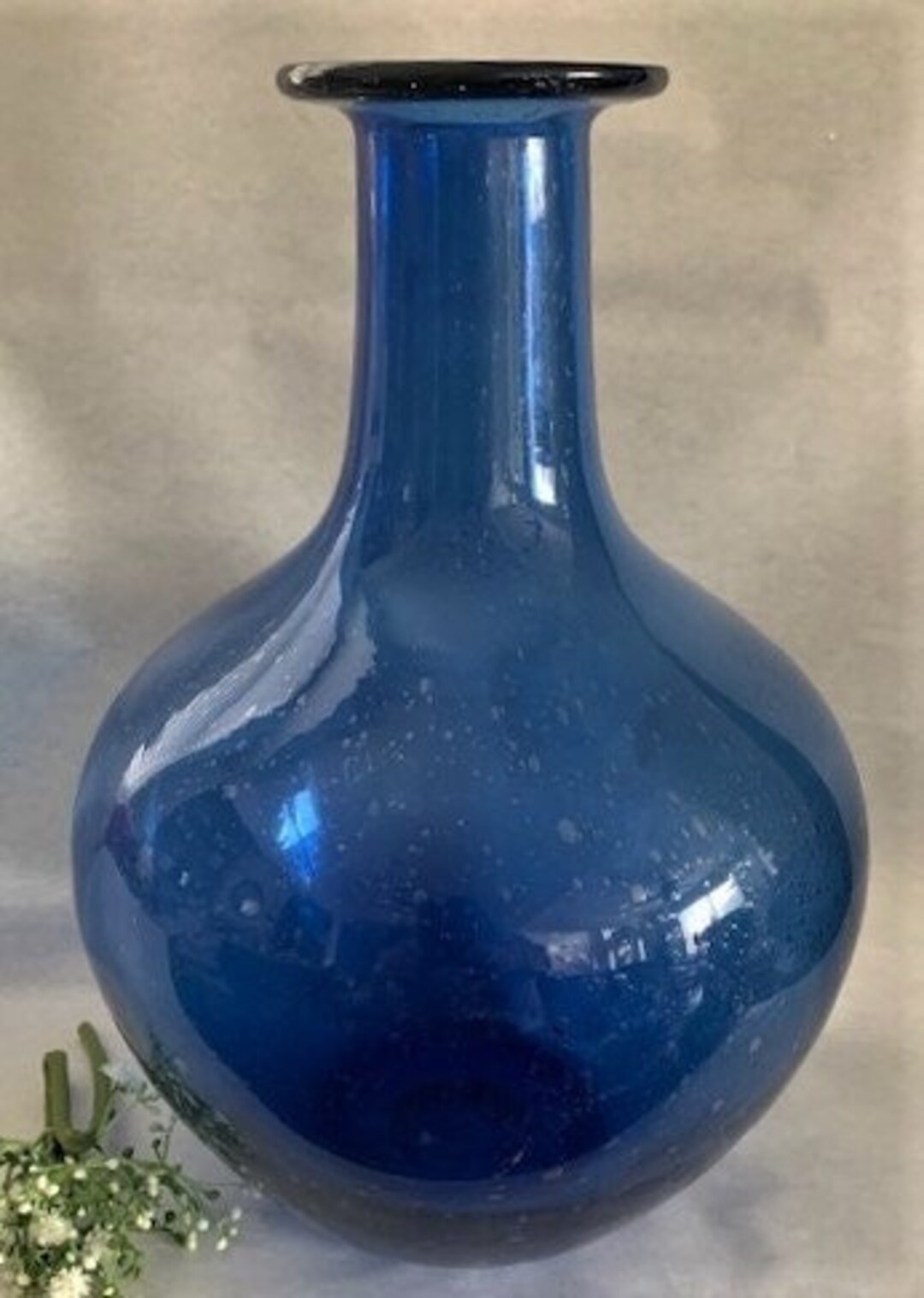Vintage Handblown Control Bubble Glass Bottle Vase Shape Blue Heavy