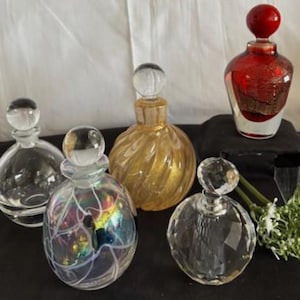 Vintage Collection Hand-Blown Glass Perfume Bottles-Oleg C.- Murano Art Glass w/Gold Flakes-Hanging Hearts-Red Perfume Bottle w/Gold Flakes