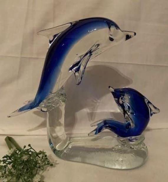 Vintage Murano Hand-blown Glass Large Clear and Cobalt Blue Glass