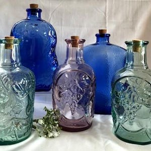 Vintage Variety Glass Embossed Decanter Bottles Size/Style/Colors-Cobalt Blue/Green/Pink-Canadian Maple Leaf-Acorn-Fruit Medley-Grape-Canada