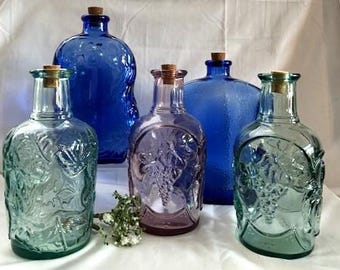 Vintage Variety Glass Embossed Decanter Bottles Size/Style/Colors-Cobalt Blue/Green/Pink-Canadian Maple Leaf-Acorn-Fruit Medley-Grape-Canada