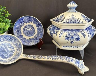 Vintage/Antique Blue/White Variety Collection-Delft Blue Hexagonal Bonbonniere-Burgenland Blue Soup Ladle-English Scenery Saucer-Collector