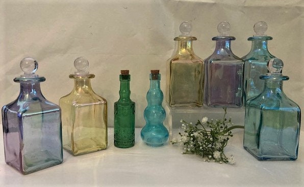 Vintage Miniature Glass Bottles with Cork Top and Lustrous Square Gla…