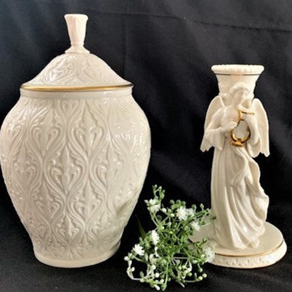 Vintage Lenox Bone China Collection Angel Candlestick with Harp & Lenox Kismet Ginger Jar 24K Gold Trim-Home Decor-Elegant Décor