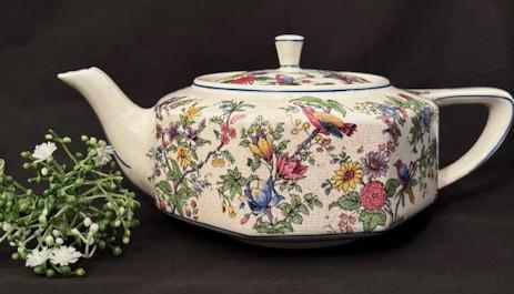 Antique Steubenville China Teapot with Tropical Floral and Birds Pattern -Vintage Seymour Mann Hand Painted Bowl -Collector-Home Decor-Rare