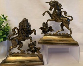 Vintage English Brass Lion and Unicorn Bookends- Made in England-Collector