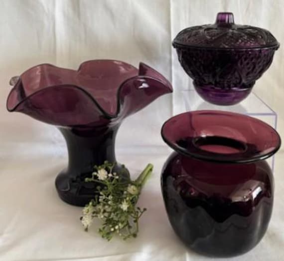 Vintage Art Glass Amethyst Purple Collection Bowl Vase & Depression Glass Lidded Trinket Dish Bowl - Home Decor