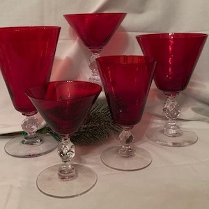 Vintage Old Morgantown Ruby Red Assortment of Glasses- Martini, Water, Wine, Cordial and Liquor Cocktail- Rare