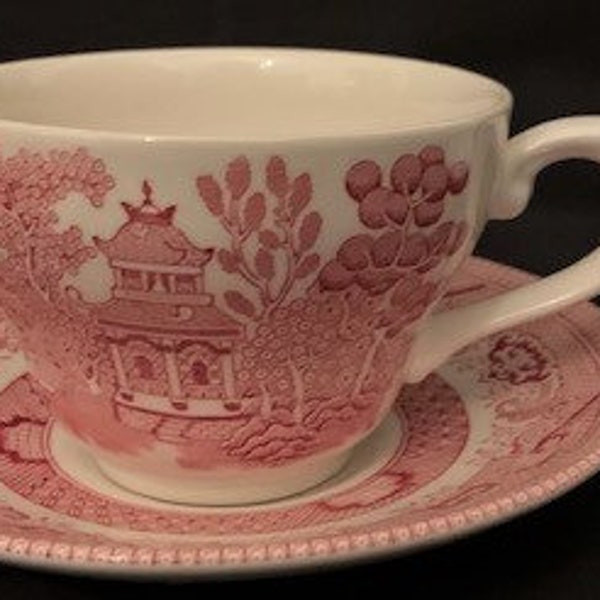 Vintage Churchill Willow Rose Pink-Dinner Plate-Cereal Bowl and Cup and Saucer -Made in England-Earthenware