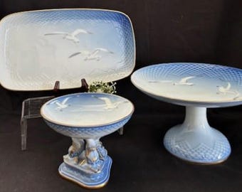 Vintage Bing & Grøndahl "Seagull" Pattern Porcelain Copenhagen Collection-Cake Stand- Candy Bowl- Rectangular Tray-Denmark -Collector