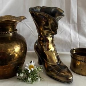 Vintage Variety Brass Planter Jardinière-Victorian Shoe Boot Shaped Vase-Hammered Brass Round Vase Brass Rope Tassel-Sm Oval Shape Planter