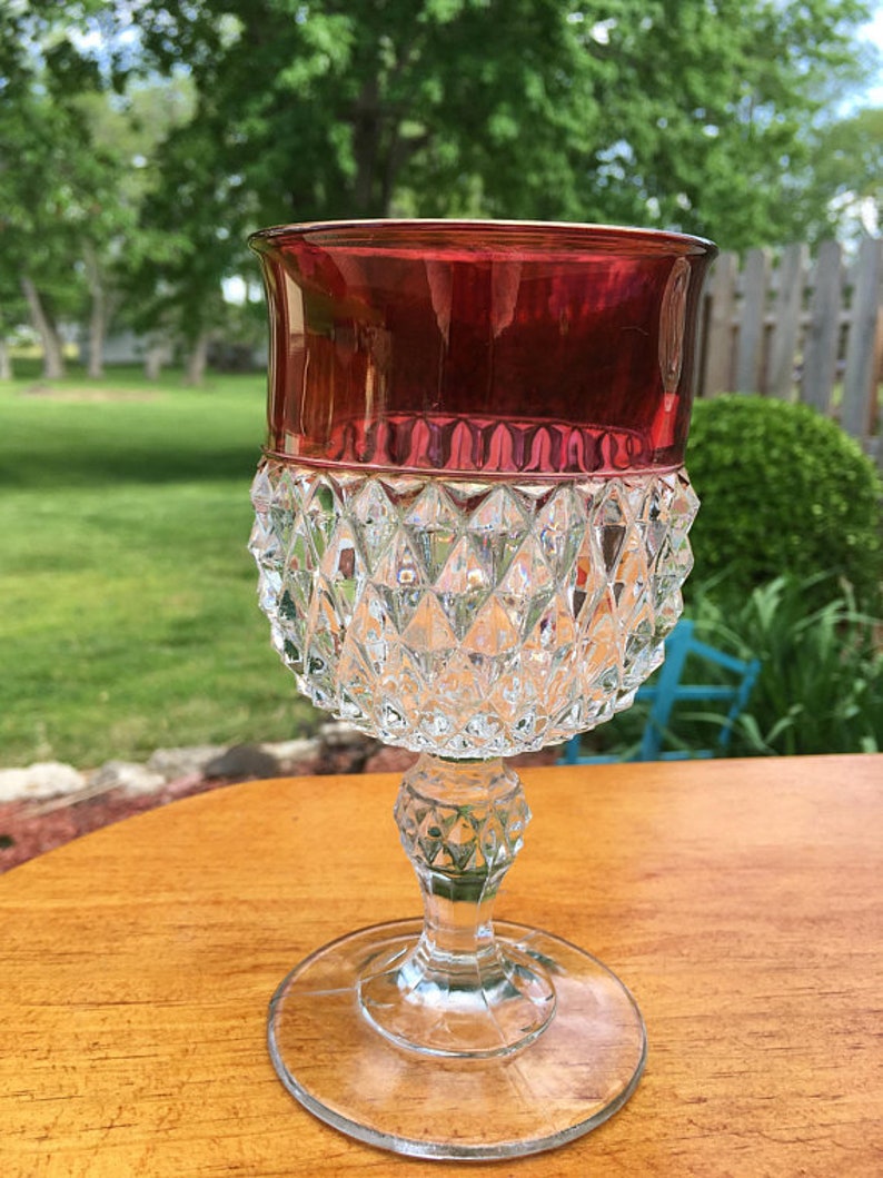 Kings Crown Diamond Point Cranberry Flash Goblets Set of 4