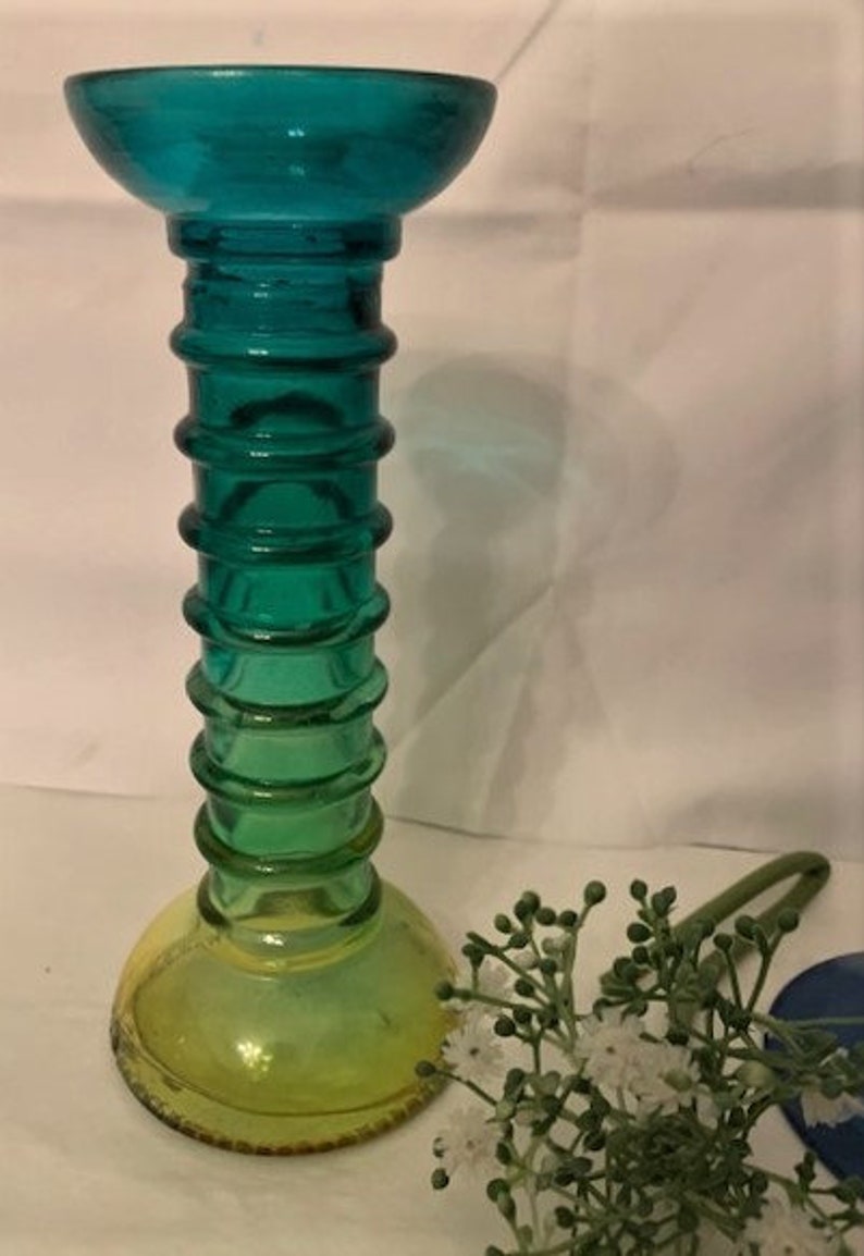 Vintage Teal Blue Hand Blown Glass Flowerone Hand Blown Art Etsy