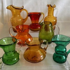 Vintage MCM Art Glass-Crackle Glass Hand Blown Collection Variety of Small Pitchers Colors and Shape-Amber-Amberina-Green-Collector-Decor