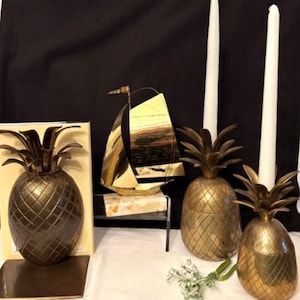 Vintage Solid Brass Pineapple Variety Size Candlestick Holder/Trinket Container-One Bookend-Sculpture Art Brass Sailboat/Marble Base-Decor