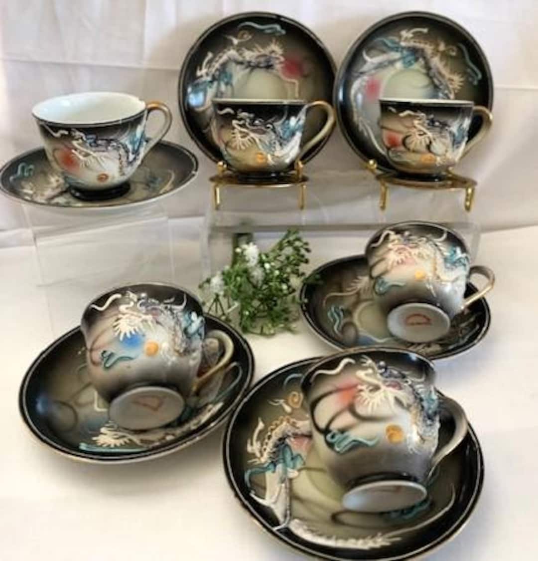 Vintage Fleetwood China Hand Painted 3D Dragon Moriage Demi Teacup