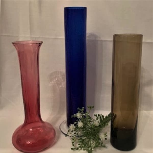 Vintage Elegant Collection Bud Vases- Deep Cobalt Blue Crackle Glass- Smoked Brown Bud Cylinder Vase- Cranberry Vase-Tabletop Décor