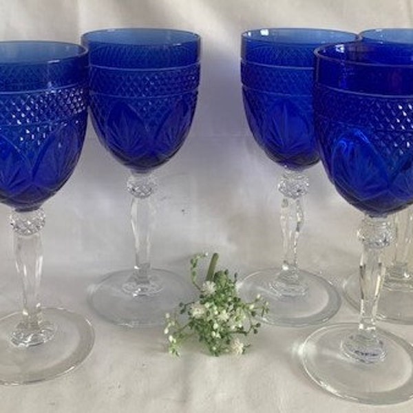 Vintage Cristal D'Arques Durand Sapphire Blue and Clear Stem Water or Wine Goblet  Set of 2 and Set of 3-