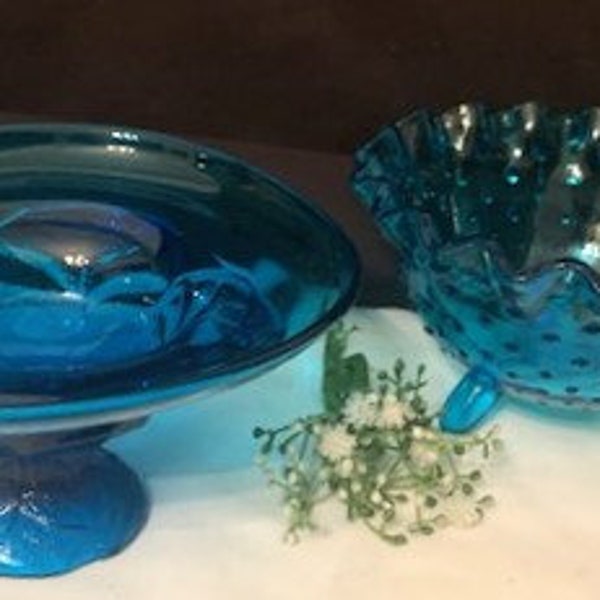 Vintage Viking Hand Made Turquoise Blue Glass Pedestal Candy Dish-L. E. Smith Glass Aqua Blue 3 Toed Hobnail Candy Bowl-Home Decor-Art Glass