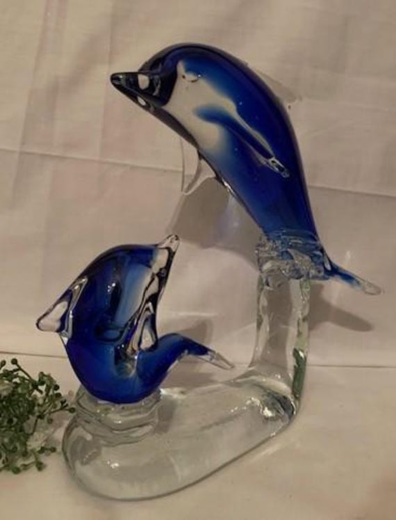 Vintage Murano Hand-blown Glass Large Clear and Cobalt Blue Glass