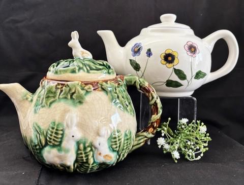 Vintage Large White Porcelain Teapot with Flowers & Vintage Nouyeau Majolica Teapot Off White, Green w/White Bunny Rabbit-Crazing-Collection