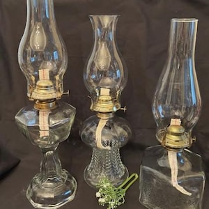 Vintage Lamplight Farms Austria Crystal Clear Glass Oil Lamp Pedestal-Houselden Large Glass Hexagon Oil Lamp-Socony Octagon Glass Pedestal