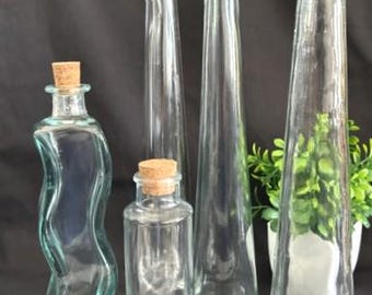 Vintage Variety Glass Bottle-Variety Style/ Size Slender Clear Glass Bottles w/Cork-Green Tint Glass Wavy-Collectable-Home Decor