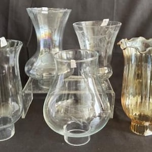 Vintage Variety Clear Hurricane Glass Lamp Shades-Ruffled Top-Iridescent-Pale-Yellow-Etched Design-Wall Sconce-Table Candle Glass-Replacemen