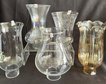 Vintage Variety Clear Hurricane Glass Lamp Shades-Ruffled Top-Iridescent-Pale-Yellow-Etched Design-Wall Sconce-Table Candle Glass-Replacemen