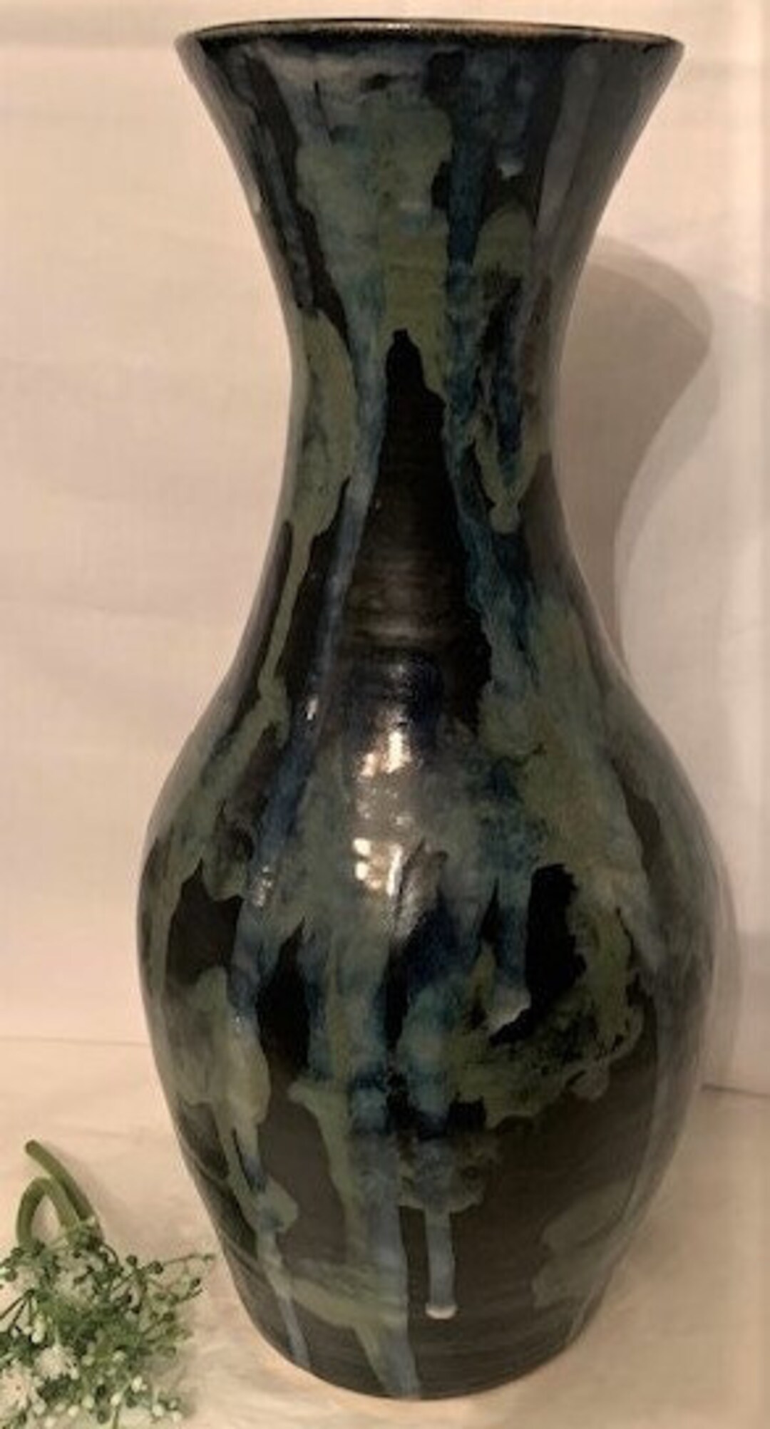 Vintage Tall Ceramic Pottery Vase With Turquoise Blue and Green Drip ...