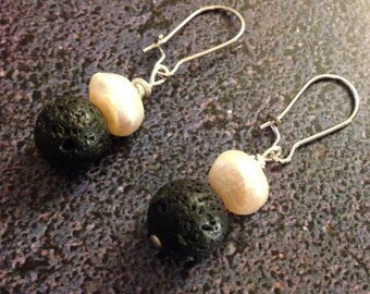 Freshwater Pearl & Black Lava Bead Aromatherapy Earrings