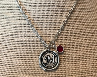 Wax seal initial Swarovski crystal birthstone necklace