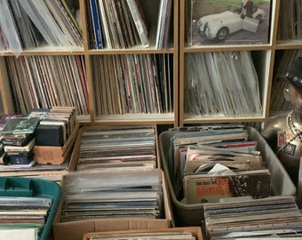 Puede incluir: Una colección de discos de vinilo organizados en estanterías y cajas. Los discos son de varios géneros y artistas, incluyendo un disco con el título "Oh Johnny! Bonnie Baker".