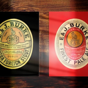Vintage alcoholhandelsmerkafbeeldingen voor E & J Burke Extra Foreign Stout en Finest Pale Ale, circa 1887, gerestaureerd door Shadowkatt Enterprises
