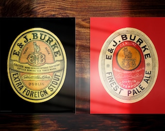 Imágenes antiguas de marcas registradas de alcohol: E & J Burke Extra Foreign Stout y Finest Pale Ale, circa 1887, restauradas por Shadowkatt Enterprises