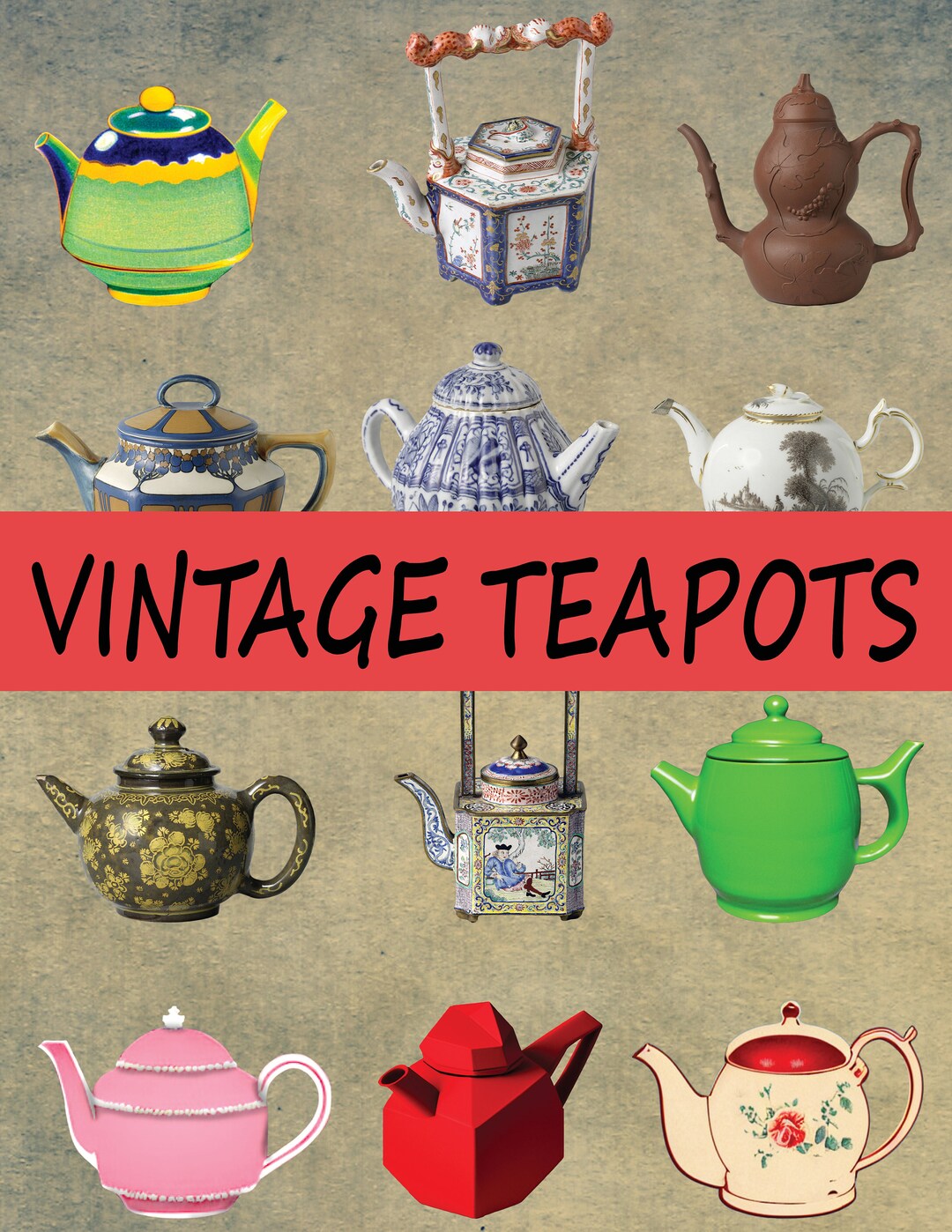 Vintage Teapot Clipart, Digital Download, Colorful Teapots for Collage