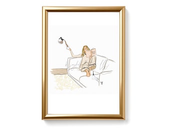 May include: A woman sits on a couch reading a book while holding a cup of coffee. A coffee pot is pouring coffee into the cup. The woman is wearing a white sweater and beige pants. The couch is white and the background is white.