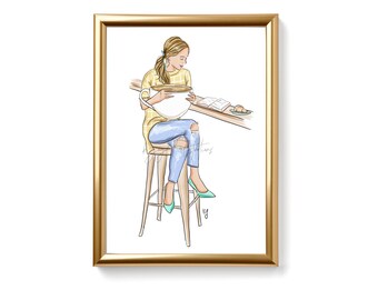 May include: A woman sits on a stool with a large cup of coffee and a book in front of her. She is wearing a yellow and white checkered shirt, blue jeans, and green shoes.