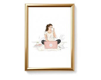 May include: Illustration of a woman sitting on the floor with a laptop, a cup of coffee, and a book. She is wearing a striped shirt and glasses. The background is white.